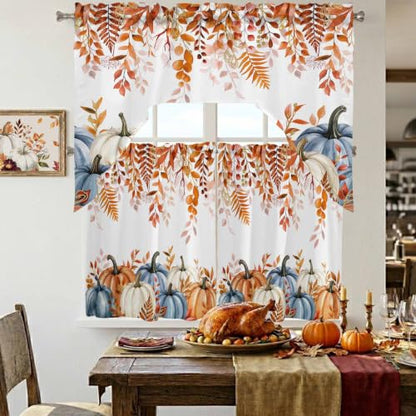 Fall Pumpkin Swag Curtain Set with Valance and Eucalyptus Leaves - 3 Pieces, 27.5W x 24L, Orange Blue White Terracotta Variation of THIS listing