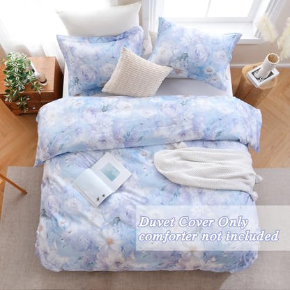 Reversible Floral Cotton Duvet Cover Set King Size - Purple & Blue