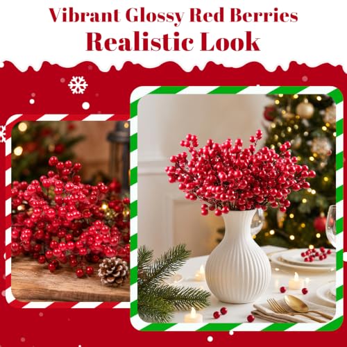 Artificial Red Berry Stems for Christmas Decorations, 6.5 Inch Holiday Wreaths & Arrangements - 40 Pack