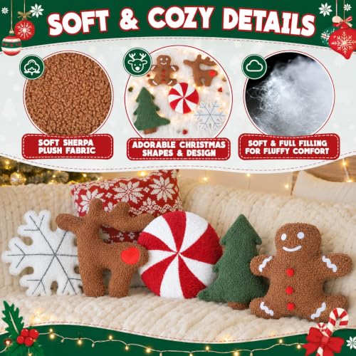 Christmas Throw Pillows 5 Pack - Cute Xmas Tree Candy Gingerbread Reindeer Snowflake Plush Decor - Variation of THIS listing