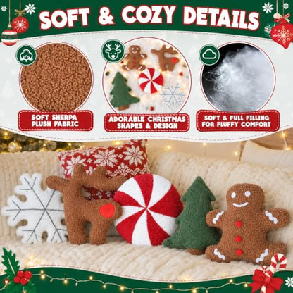 Christmas Throw Pillows 5 Pack - Cute Xmas Tree Candy Gingerbread Reindeer Snowflake Plush Decor - Variation of THIS listing