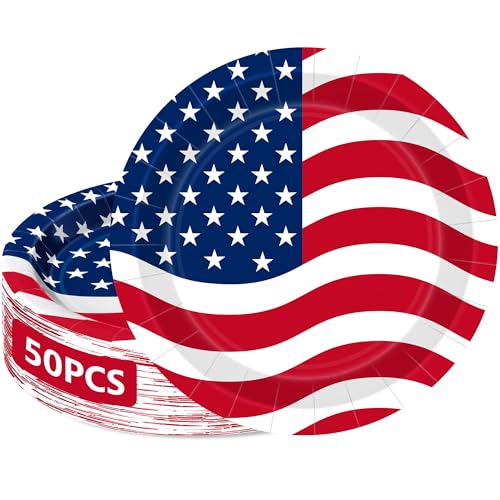 Independence Day 50PCS Patriotic Paper Plates Red White Blue 9-inch Party Supplies