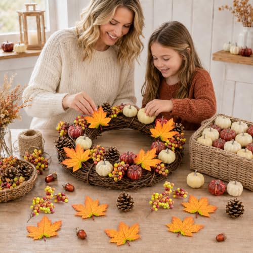 Artificial Pumpkin Decor Fall Mini Pumpkin Ornaments with Maple Leaves & Acorns - 23pcs
