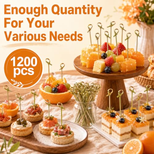 1200 Pcs Bamboo Cocktail Picks with Green Looped Knot - Food Skewers for Parties