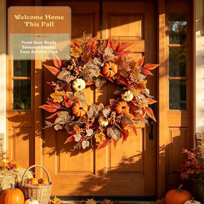 Artificial Fall Wreath for Front Door - Orange-Brown 22-24 Inch Autumn Decor