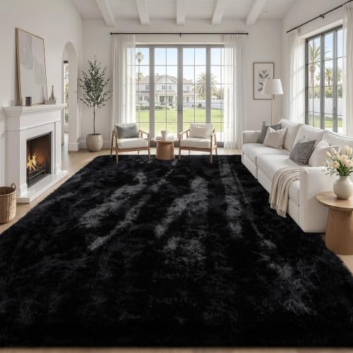 8x10 Black Fluffy Shag Area Rug - Washable, Non-Slip Bedroom Living Room