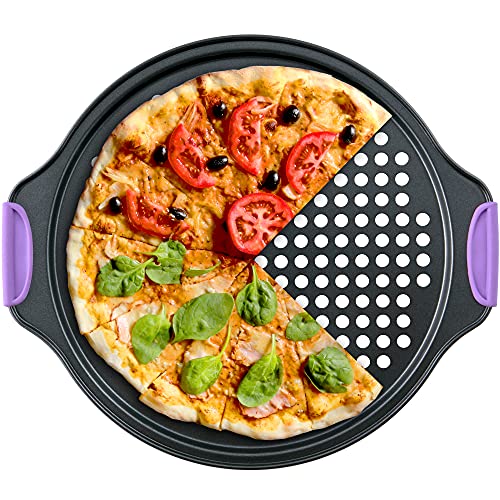 Amazing Abby - Chef Stacy - 13-Inch Non-Stick Pizza Pan with Holes, Perforated Pizza Crisper with Heat-Resistant Silicone Handle Grips, Oven-Safe Bakeware, Carbon Steel Baking Pan for Oven