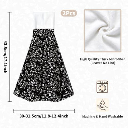 Black White Floral Hanging Kitchen Towels 2pcs Hand & Dish Drying Towels