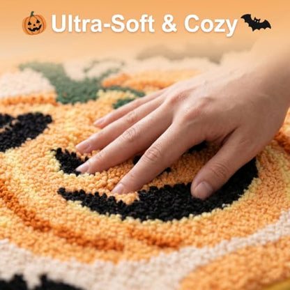 Halloween Pumpkin Bat U-Shaped Toilet Rug - Yellow Pumpkin, Plush Non-Slip Bathroom Mat