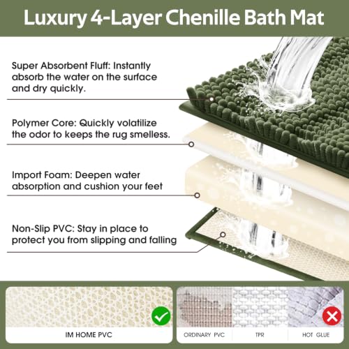 Christmas Striped Bathroom Rug Set - Oliver Green 3-Piece Non Slip Chenille Bath Mat, Absorbent Plush Shaggy Rugs for Bathroom, Bedroom, Kitchen - Variation of Oliver Green / 2'8"x1'8"+2'×1'5"+U Shape 2'×1'8"