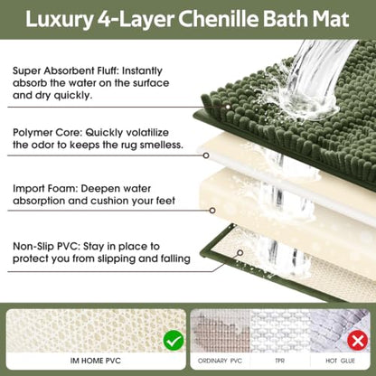 Christmas Striped Bathroom Rug Set - Oliver Green 3-Piece Non Slip Chenille Bath Mat, Absorbent Plush Shaggy Rugs for Bathroom, Bedroom, Kitchen - Variation of Oliver Green / 2'8"x1'8"+2'×1'5"+U Shape 2'×1'8"