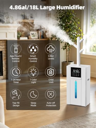 Smart Humidifier for Large Rooms with App Control, 4.8Gal Top Fill, White