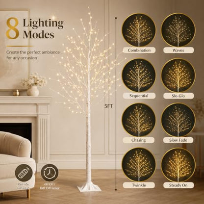 5FT Birch Tree with Lights - Indoor Outdoor Decor with 96 LEDs & Adjustable Branches