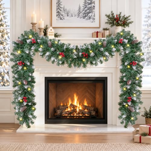 9FT Pre-Lit Christmas Garland with Lights, Realistic Greenery & Red Berries - 1 Pcs