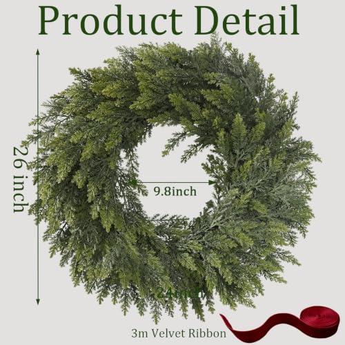 Green 26-Inch Christmas Cedar Wreath for Front Door Indoor Outdoor Decor - Real Touch Handmade Full Faux Greenery Set
