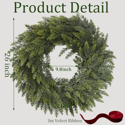 Green 26-Inch Christmas Cedar Wreath for Front Door Indoor Outdoor Decor - Real Touch Handmade Full Faux Greenery Set
