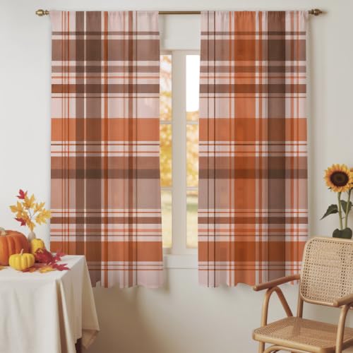 Semi Sheer Curtains 52 x 63 Inches Set with Orange, Brown, Cream Checks - Window Drapes for Living Room Bedroom