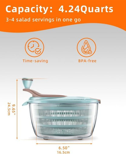 Brigii Salad Spinner - 4.24 Quart Lettuce Dryer with Double Drainage Holes for Fresh Greens & Veggies