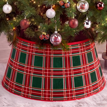 24-Inch Christmas Tree Collar - Red Green Tartan Velvet Holiday Decor