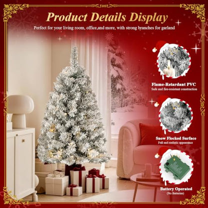 Okicoler 4ft Pre-Lit Flocked Artificial Christmas Tree with 80 LED Lights, 11 Modes, White Snow Finish