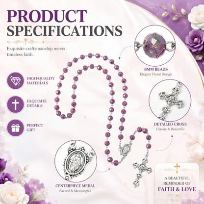 Catholic Handmade Rosary Necklace Beads Cross Set for Women Men with Purple Flower Beads
