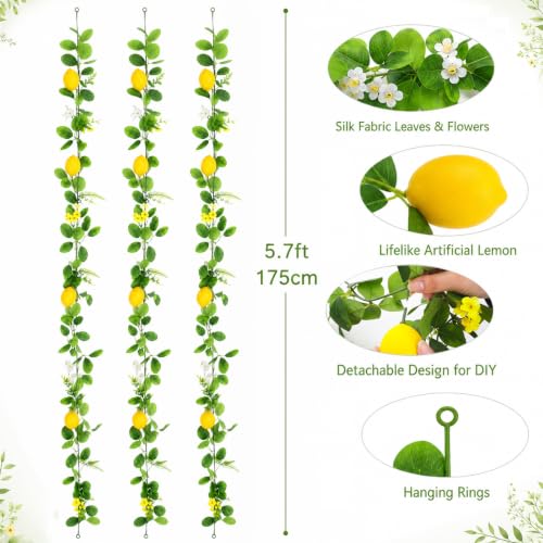 Artificial Lemon Vine Garland 3 Pack - 5.7ft Faux Greenery for Indoor Outdoor Decor