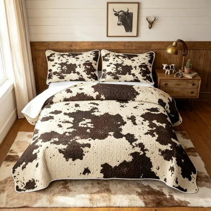 Cowhide Quilt Set with Pillowcases - Black White Full Bedding Set - All Season Microfiber Bedspread