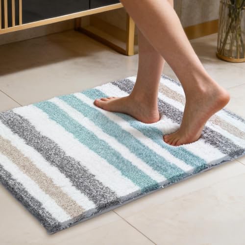 Aqua Beige Gray Striped Bathroom Rug 24x17 Microfiber Non-Slip Multi Color Variation of THIS Listing