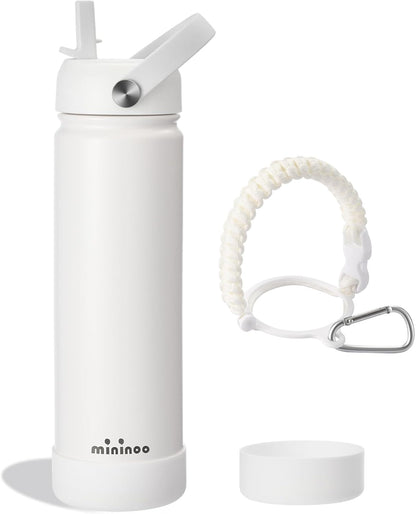 Mininoo Insulated Stainless Steel Water Bottle - 24 oz with Straw & Lid | Durable White Design