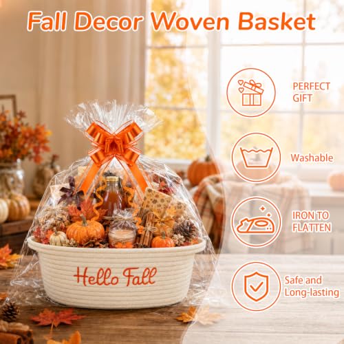 Hello Fall Woven Cotton Rope Gift Basket with Embroidered Hello Fall and Decorative Bow