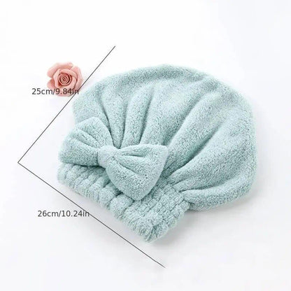 Women's 4-Piece Bow Decor Shower Cap and Hair Towel Wrap Set - Reusable Ultra-Absorbent Coral Fleece, Travel-Friendly Self Care