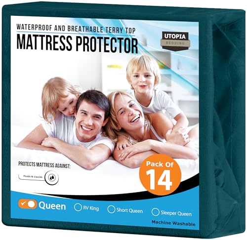 Utopia Bedding Waterproof Mattress Protector Queen Size (Pack of 14), Premium Terry Mattress Cover 200 GSM, Breathable, Fitted Style with Stretchable Pockets (Teal)