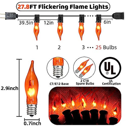 Halloween Flickering Flame String Lights - 27.8Ft Orange Outdoor Decor with 27 Bulbs - Safety Certified Waterproof