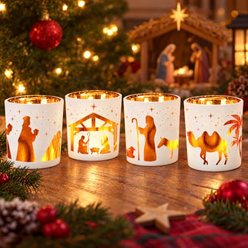 Christmas Nativity Scene Candle Holders Set - Frosted Glass Votive Holders, Religious Decor