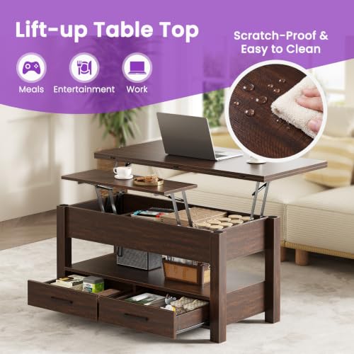 DUMOS 39.4-Inch Convertible Lift Top Coffee Table - Brown, 4-in-1 Multi-Functional Design