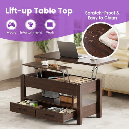 DUMOS 39.4-Inch Convertible Lift Top Coffee Table - Brown, 4-in-1 Multi-Functional Design