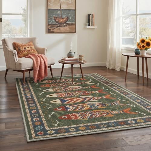 Fish Pattern Washable Area Rug - Non-Slip Boho Style Indoor Mat