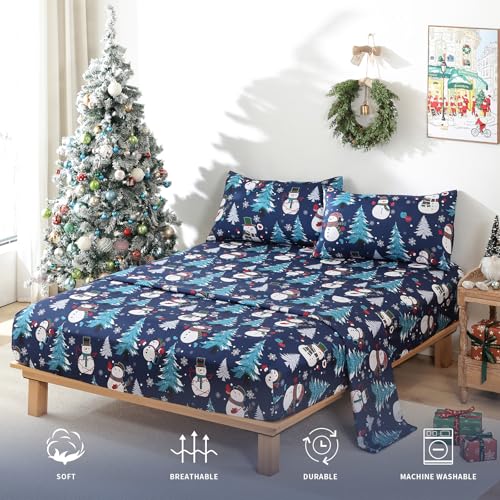 Queen Size Blue Christmas Sheet Set with Snowman Design - 4 Pieces