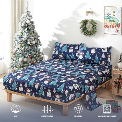 Queen Size Blue Christmas Sheet Set with Snowman Design - 4 Pieces