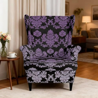 Purple Damask Floral Wingback Chair Slipcover with Elastic Bottom - Stain Resistant Furniture Protector for Living Room & Bedroom - BYCHECAR