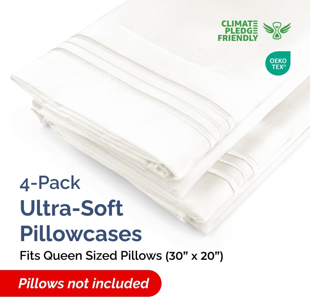 Skiennix Queen Pillow Cases Set of 4 - Ultra Soft Hotel Quality - Wrinkle Free & Fade Resistant - Antique White