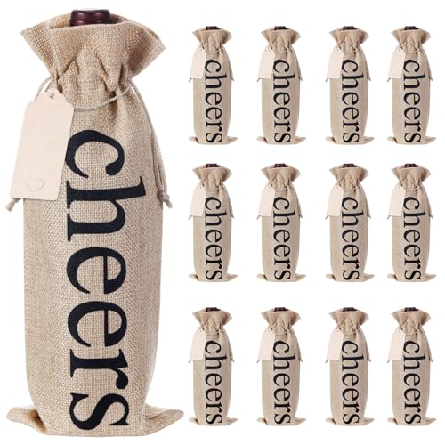 Natural Burlap Wine Bags Set of 12 with Gift Tags - Reusable Holiday Party Gift Wrap