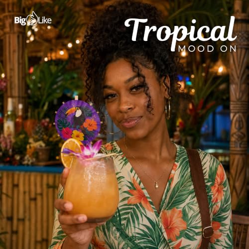 Tiki Bar Cocktail Umbrellas - 100 Pieces with Tropical Designs, Includes Classic Tiki Bar Variation