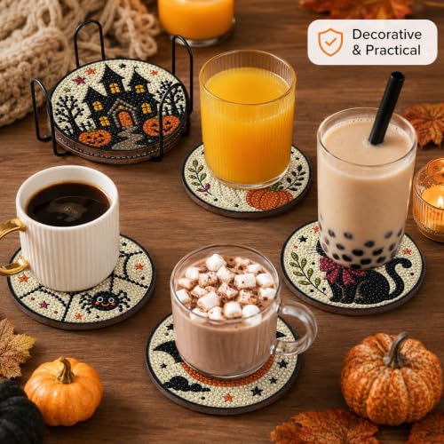 Halloween Diamond Art Coasters Set with Holder - Ghost Pumpkin Black Cat - DIY Wooden Craft Kit - Halloween Decorations & Gifts - Halloween-2