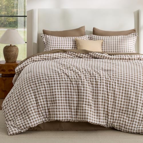 Bedsure Brown Gingham Queen Comforter Set - Reversible, Soft All-Season Bedding