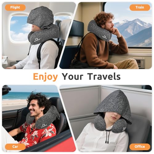 Black Travel Neck Pillow with Hood, Memory Foam Support for Flights & Travel