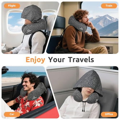 Black Travel Neck Pillow with Hood, Memory Foam Support for Flights & Travel