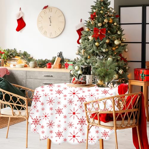 12 Pack Christmas Snowflake Tablecloths - Red & White, 80 Inch Round Plastic Holiday Table Cover - Winter Party Decor