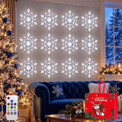 LED Snowflake Wall Decor Set with Remote Control - White, 12 Pieces - Christmas Holiday Lighting