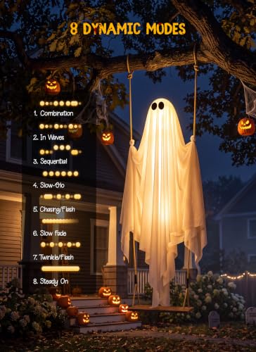 Minetom 4.5FT Medium Swinging Ghost Halloween Outdoor Decor, Hanging Ghost with Lights